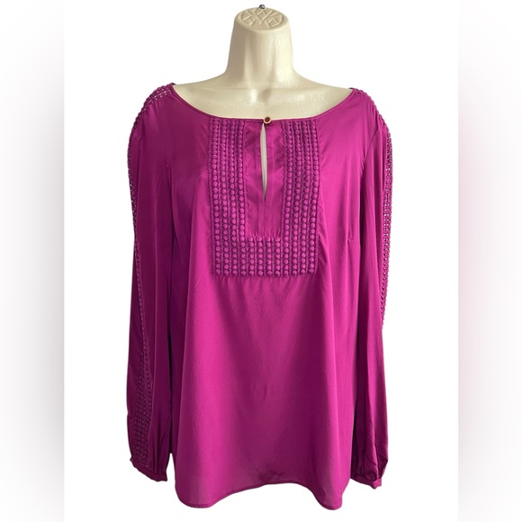 Tory Burch Size 10 Silk Tunic Long Sleeve Blouse in Purple Red Crochet Trim - Picture 1 of 12